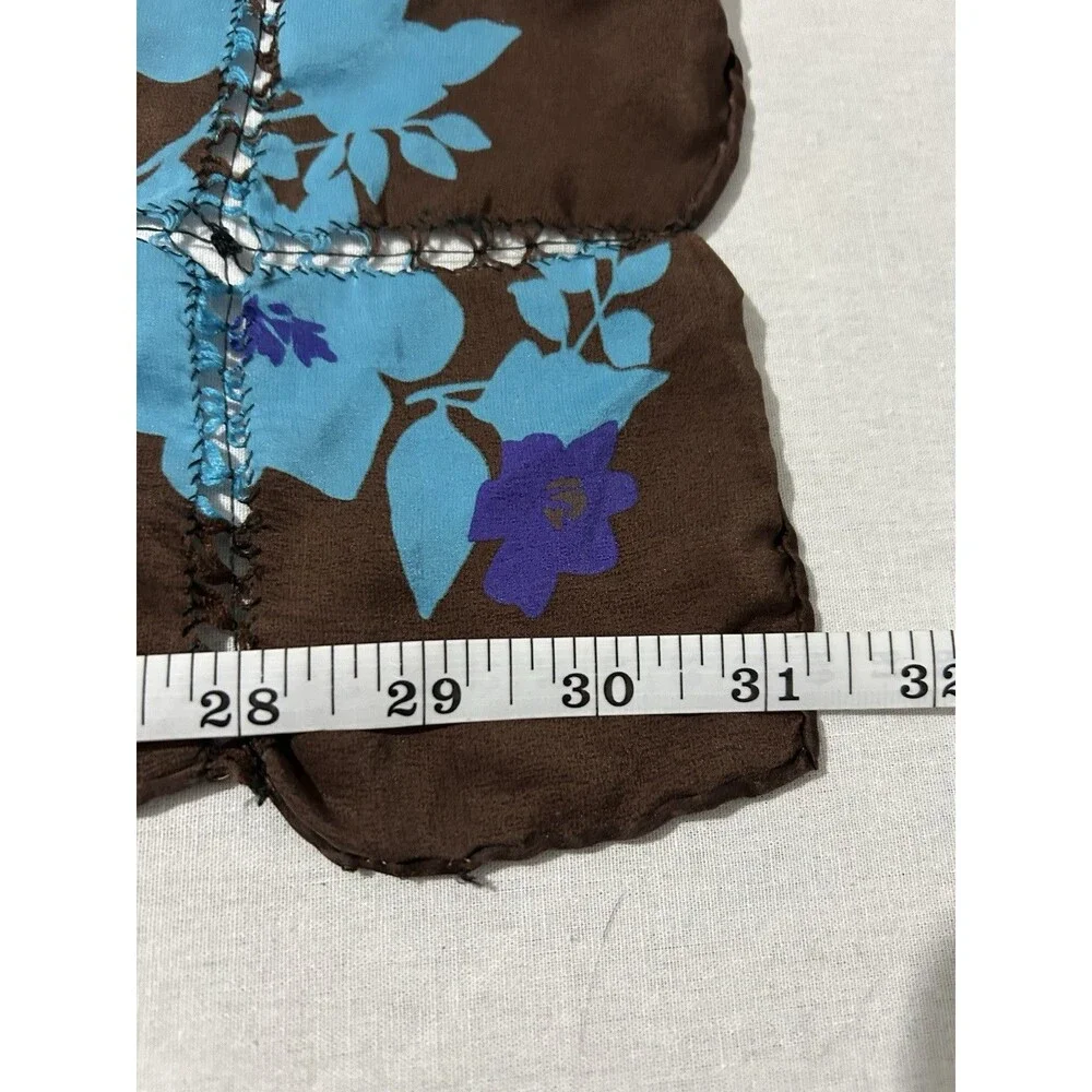 Silk scarf, chocolate brown, bright turquoise and royal blue floral motifs